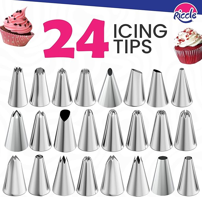 Riccle 88 pcs Cake Decorating Kit with Pink Cake Turntable - Includes 50 Disposable + 2 Reusable Piping Bags and Tips Set, 24 Icing Piping Tips, 2 Spatulas, 3 Icing Comb Scraper, Baking Supplies