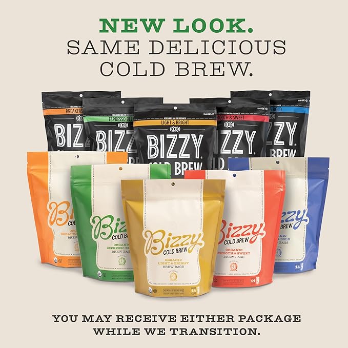 Bizzy Organic Cold Brew Coffee | Espresso Blend | Coarse Ground Coffee | Medium-Dark Roast | Micro Sifted | Specialty Grade | 100% Arabica | Brew Bags | 4 Count | Makes 14 Cups
