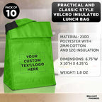 DISCOUNT PROMOS 10 Hook and Loop Insulated Lunch Bags Set - Customizable Text, Logo - Polyester, Durable, Vibrant, Reusable - Green