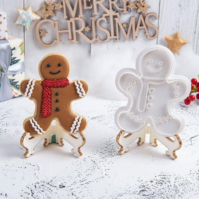 Flycalf Christmas Cookie Cutters Gingerbread Shapes with Plunger Stamps Holiday PLA Baking Accessories Cutter Molds Gifts Decorative Party 3.5" Kitchen Cake Supplies