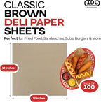 Brown Deli Paper Sheets, 12" x 12" (100 pcs.) - USA-Made Premium Food Basket Liners - PFAS-free Grease Resistant Deli Paper Sheets for Snack & Baking Wrap, Picnic & Party by IDL Packaging