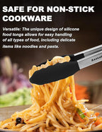 Anaeat 3 Pack 7" Mini Non-Stick Silicone Locking Tongs - Stainless Steel Kitchen Food Tong with Non-Slip Silicone Tips and Grip for Cooking, Baking and BBQ - Heat Resistant up to 480°F (Black)