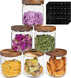 Small Glass Jars with Labels Spice Jar Round Storage Canister with Wooden Lid Clear Glass Food Jar for Pantry Sugar Tea Coffee Bean Spice Nuts Cookies Bath Salts (6 * 420ml(14oz))