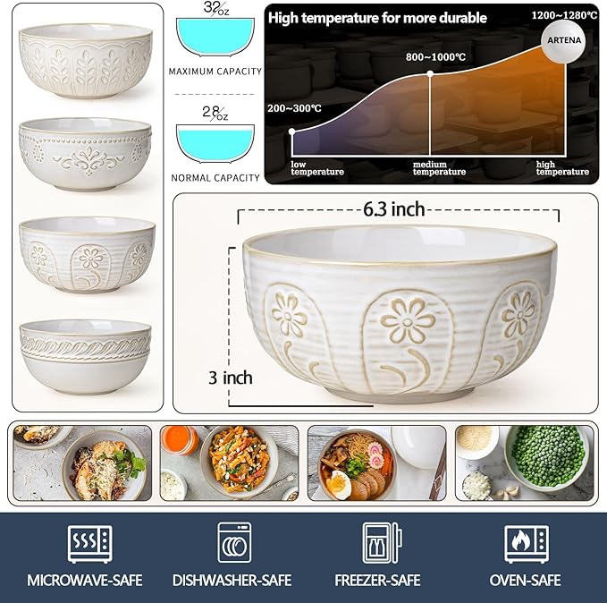 Artena Soup Bowls 32 OZ, Cereal Bowls Set of 4, White Embossment Ceramic Ramen Bowl for Salad, Dinner, Pho, Noodle, Pasta, Snacks, Dishwasher Microwave Safe, 6.3 Inch, Pinwheel Flower