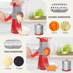 4-in-1 Rotary Cheese Grater Handheld, Lightweight Body with 4 Stainless Steel Blades & Non-Slip Suction Base, for Shredding Parmesan, Slicing Vegetables, Grating Chocolate（Red）