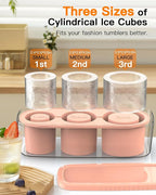 Ice Cube Tray for Tumbler Cup 30Oz-40Oz, 3 Pcs Silicone Cylinder Ice Mold with Lid and Bin for Freezer, Easy Fill and Release Ice Maker for Whiskey, Cocktail BPA-Free (Pink, 40Oz)