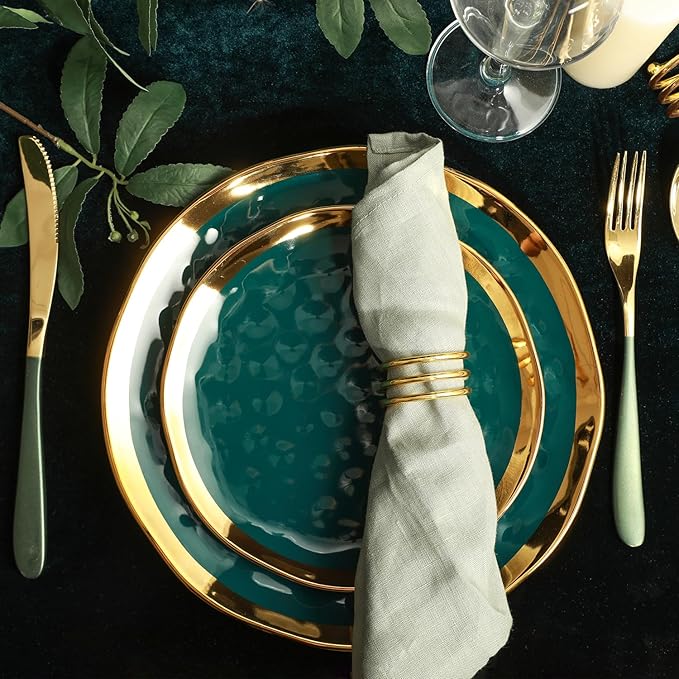 Stone Lain Florian Modern Porcelain 16 Piece Dinnerware Set, Plates and Bowls Set, Dish set for 4, Green and Golden Rim