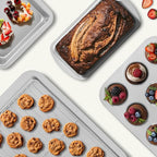 KITESSENSU Baking Pans Sets, Nonstick Bakeware Set 7-Piece with Round/Square Cake Pan, Loaf Pan, Muffin Pan, Cookie Sheet, Roast Pan, Cooling Rack, Carbon Steel Bake Set,Silver
