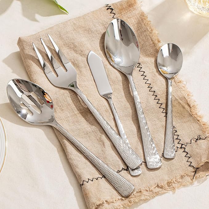 KINGSTONE Hammered 8-Piece Serving Utensil Set, 18/10 Stainless Steel Flatware for Catering, Party Include Spoons, Slotted Spoon, Fork, Butter Knife - Mirror Finish & Dishwasher Safe