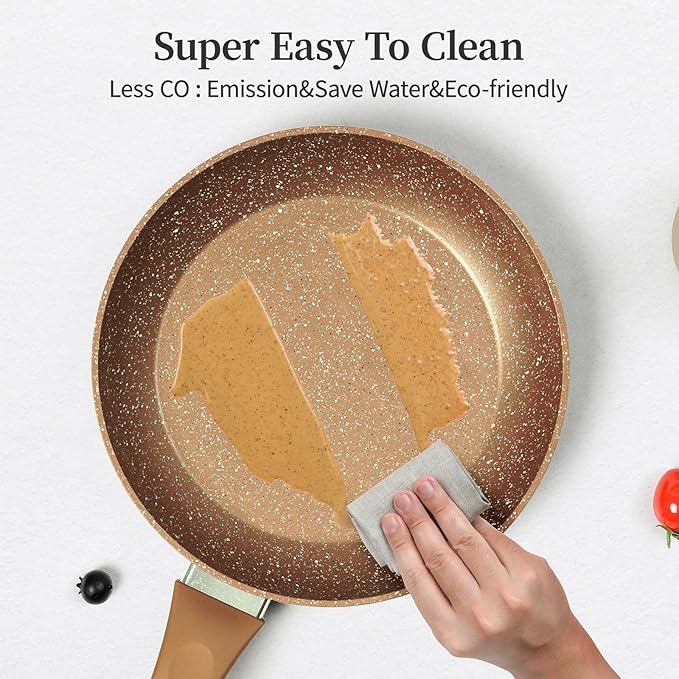 Innwewell Non Stick Frying Pan - Granite Stone Non Stick Skillet Frying Pans, Safe&No Toxic Egg Omelette Frying Pan, Nonstick Cookware Cooking Pan, Induction Compatible, PFOA Free(9.5inch, Gold)