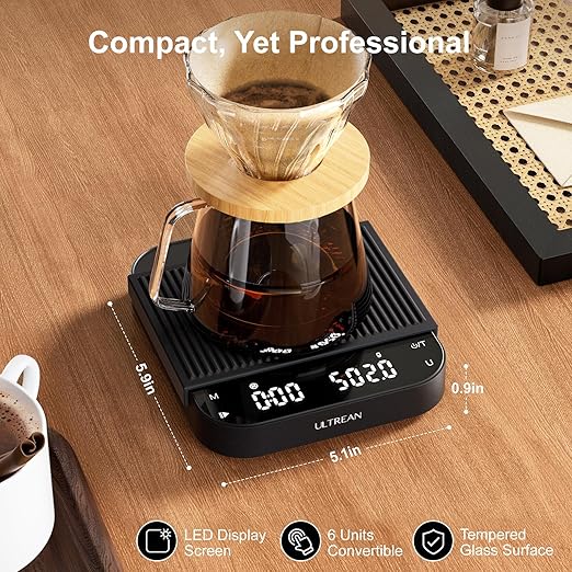 Ultrean 5.9" Coffee Scale, Rechargeable Coffee Scale with Timer, 3kg/0.1g Accuracy for Pour Over and Drip Coffee, Portable Digital Kitchen Scale with Automatic Timing, LCD Display