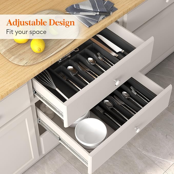 Lifewit Silverware Drawer Organizer and Utensil Organizer Set, Expandable Cooking Cutlery Tray for Kitchen, Adjustable Plastic Flatware Holder Storage Divider for Spoons Forks Knives, Large, Black