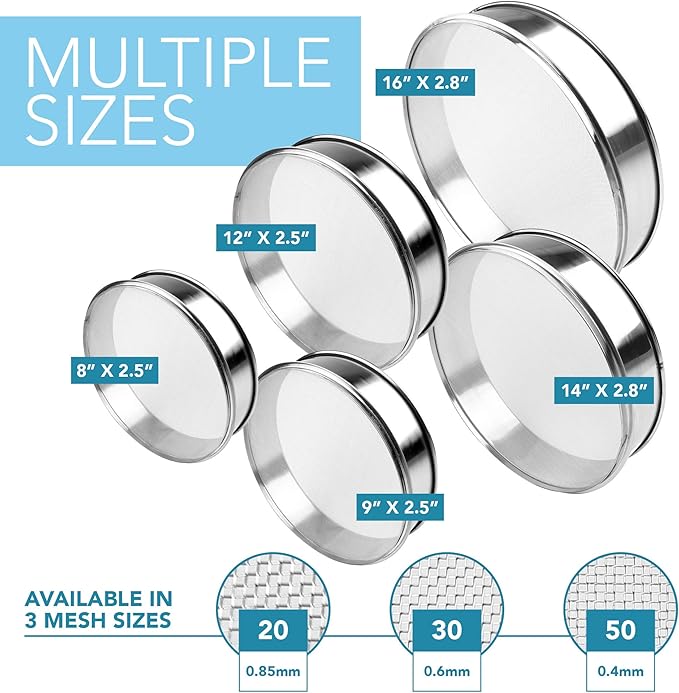 Stainless Steel Flour Sifter Fine Mesh Round Flour Sieve for Baking 8" Diameter x 2.5" High; 50 Mesh (Hole Size 0.3mm)