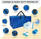 10 Pack Heavy Duty Extra Large Moving Bags with Backpack Straps & Vacuum Storage Supply Combo, Totes Handles Zippers for Space Saving, Fold Flat, Includes Bags, Blue, (HEV10)