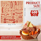 600 Pcs 12 x 12 Inch Deli Wax Paper Sheets Grease Resistant Tray Basket Liners Newsprint Paper Water and Grease Proof Sandwich Wrapping Square Hot Dog Wrappers for Food Baking (Red on Brown)