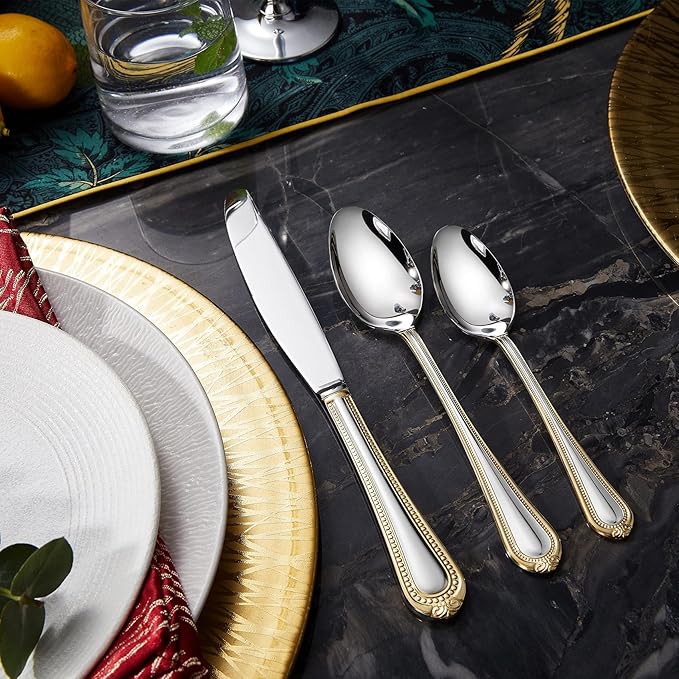 KEAWELL Pearl Edge Premium 45-Piece Refined Bead Silverware Set, 18/10 Stainless Steel, Service for 8, Fine Flatware Set with Serving Utensils, Dishwasher Safe (45, Gold Accent)