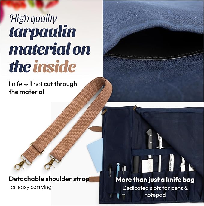 Chef’s Knife Roll Bag with 100% Top Grain Leather Knife Roll Bag with Waxed Canvas & Zippered Cover | Adjustable Strap with 9 knives Slots, Extra Storage & Pocket | US Brand