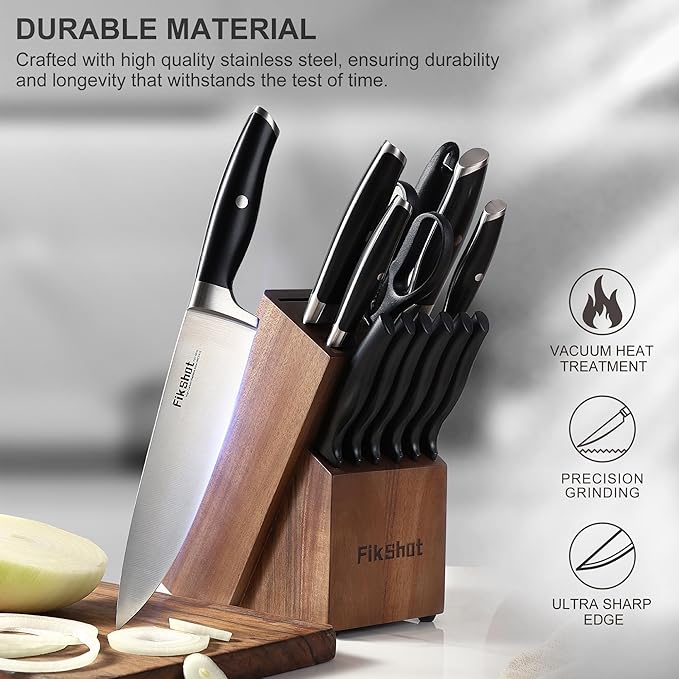 Knife Block Set, FIKSHOT Kitchen Knife Sets, High Carbon Stainless Steel Full Tang Knife set, Razor-Sharp Blade Rust Resistant, Professional Chef's Knife for Home Cooking (BLACK)