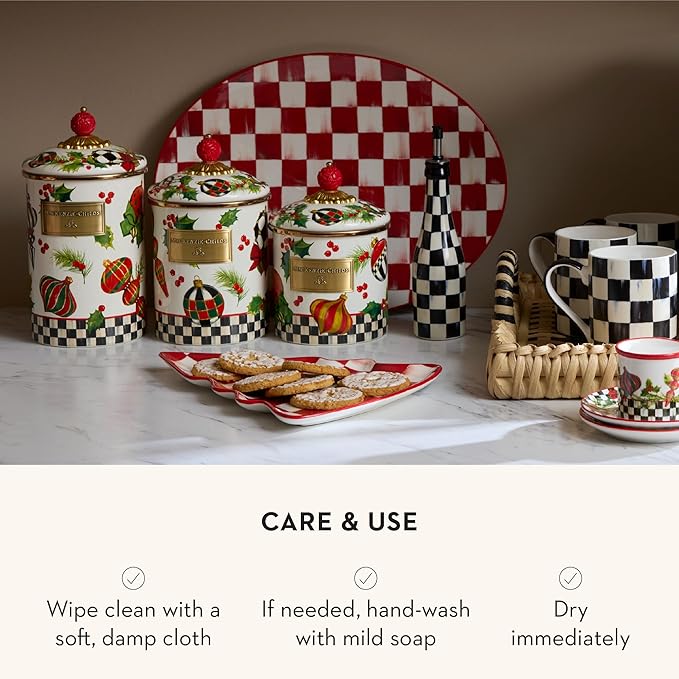 MACKENZIE-CHILDS Enamel Canister, Kitchen Storage Container with Lid, Small, Deck The Halls