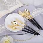I00000 60 Pack Gold Silverware Set with Black Handle,Heavy Duty Black Plastic Cutlery Include 20 Forks 20 Knives 20 Spoons, Plastic Utensils Set for Party