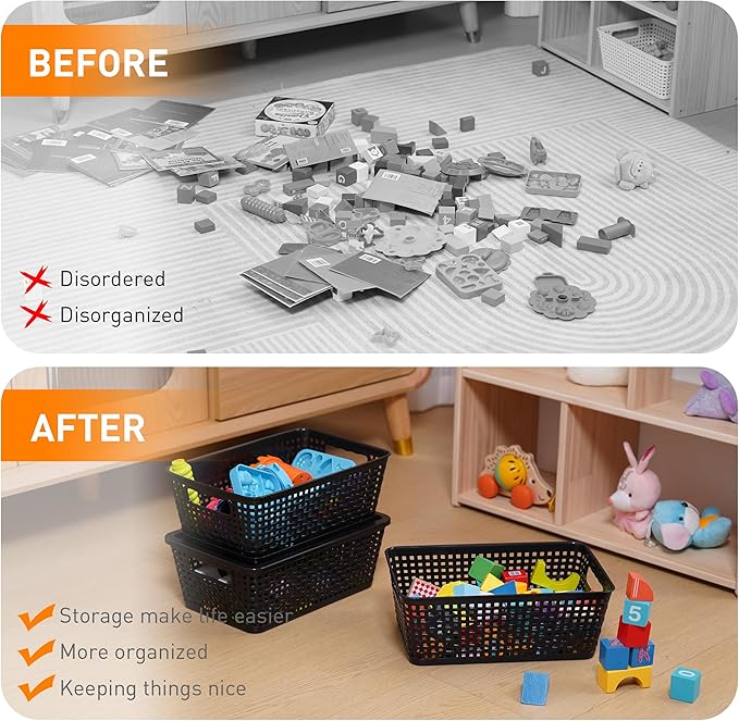 Plastic Storage Baskets With Lid, Storage Bins for Organizing, Stackable Decorative Containers for Shelves Drawers Desktop Closet Playroom Classroom Office, 8 Pack-Black