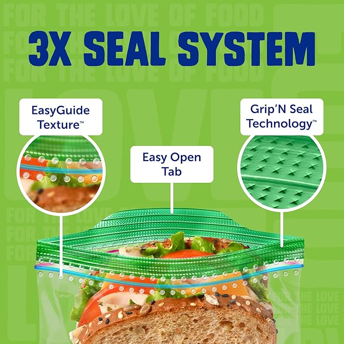 Ziploc XL Sandwich and Snack Bags with EasyGuide Texture, Plastic Storage Bags with Grip 'n Seal Technology, 90 Bags Total