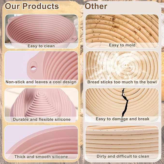 4 Pcs Upgraded Silicone Sourdough Bread Proofing Basket with Handles - Reinforced Rim Support, 9 Inch Foldable Bowls for Sourdough Bread Baking, Oven & Dishwasher Safe-BPA Free(Green,Beige,Pink,Blue)
