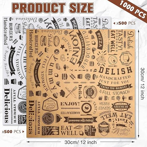 1000 Pcs 12 x 12 Inch Deli Wax Paper Sheets Grease Resistant Tray Basket Liners Newsprint Paper Water and Grease Proof Sandwich Wrapping Square Hot Dog Wrappers for Food Baking (Brown,White)