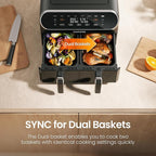 Topzee 8QT Dual Basket Air Fryer – Large Air Fryer with Independent Controls, 8 Preset Modes, Sync & Finish Together, Easy View Windows, Black