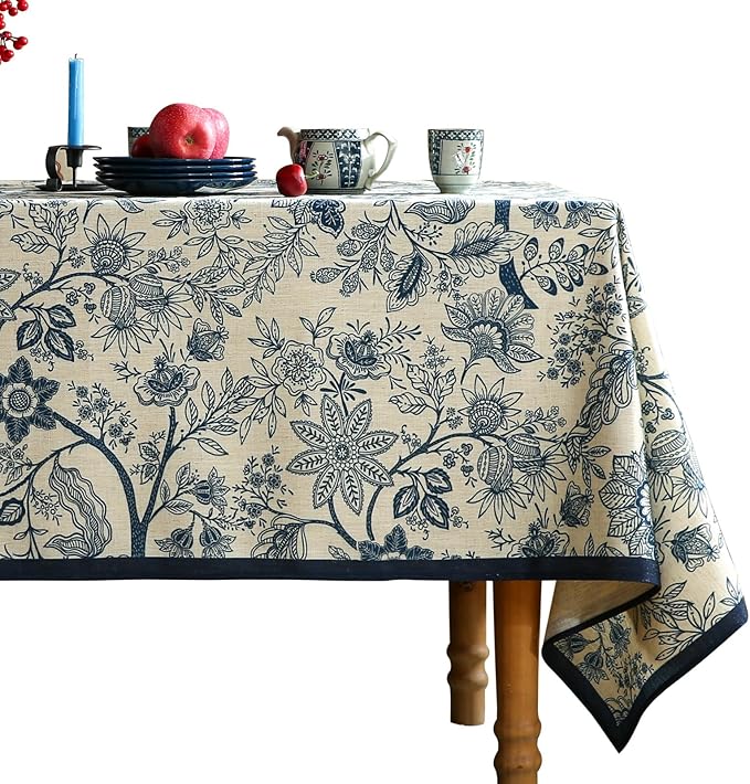 ISAENNE Designer French Linen Extra Long Rectangle Tablecloth,Blue Floral Washable Indoor Table Cloth,Durable Home Decor Tablecloths for Dining Thanksgiving Kitchen Party,63"*110"-Ruyi B