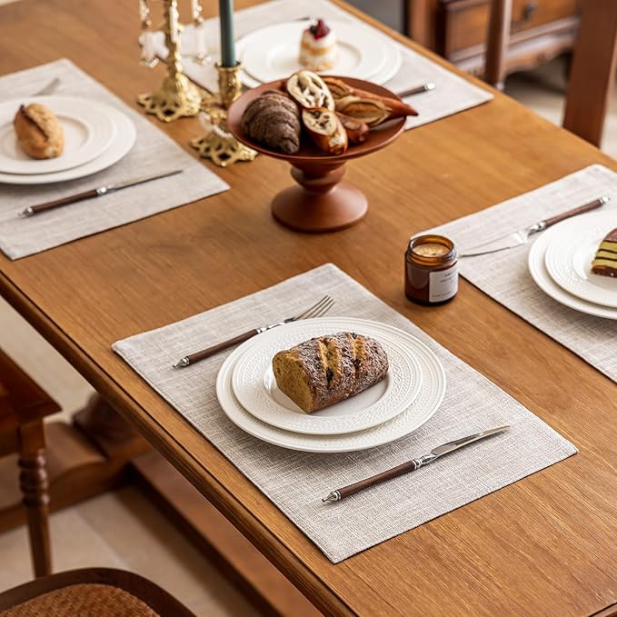 KXN Placemats Set of 6, Dual-Layer Thickened Faux Linen Table Mats, Heat Resistant & Wrinkle-Free, Machine Washable Cloth Place Mats for Kitchen Dining Indoor Outdoor (Cream Beige)