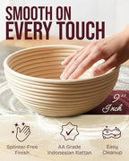 Superbaking 2 pcs Banneton Bread Proofing Basket, 9" Splinter-Free Round Rattan Bread Basket with Liners, Sourdough Starter Kit, Sourdough Bread Baking Supplies & Sourdough Kit, Bread Making Tools