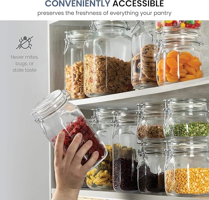 Bormioli Rocco Fido, 2 Pack, 33.75 Oz. Food Storage Glass Jars, Airtight Rubber Seal & Glass Lid, with Stainless Wire Clamp, Mason Jar, Made in Italy