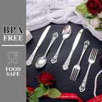 200PCS Silver Plastic Cutlery - Vintage Silver Disposable Silverware - Heavyweight Plastic Utensils with 100 Forks, 50 Knives, 50 Spoons For Catering, Parties, Dinners and Weddings