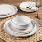 AmorArc 24 Pieces Ceramic Dinnerware Sets for 6, Handpainted Plates and Bowls Set with Rustic Terracotta Underside, Scratch Resistant Stoneware Dishes Set, Dishwasher & Microwave Safe, White