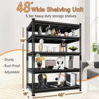 Adjustable Shelving Units and Storage, 48”W Garage Shelving Heavy Duty,2500LBS Loads 5-Tier Garage Storage Shelves, Metal Shelves for Living Room,Pantry,48”W×18”D×78”W,Black