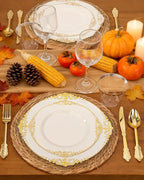 Nervure 350PCS Ivory Plastic Plates - Ivory Gold Plastic Dinnerware Sets for 50 Guests - 100 Gold Disposable Plates, 50 Pre Rolled Silverware Sets, 50 Cups Perfect for Wedding & Thanksgiving