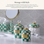 MACKENZIE-CHILDS Small Kitchen Canister, Decorative Glass Storage Jar with Lid, Green-and-White Emerald Check