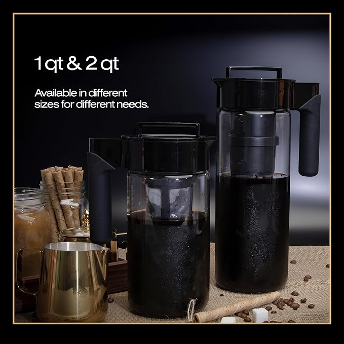 Takeya Glass Cold Brew Coffee Maker for Iced Coffee, Airtight Pitcher, Premium Quality, 2 Quart, Black Lid and Handle