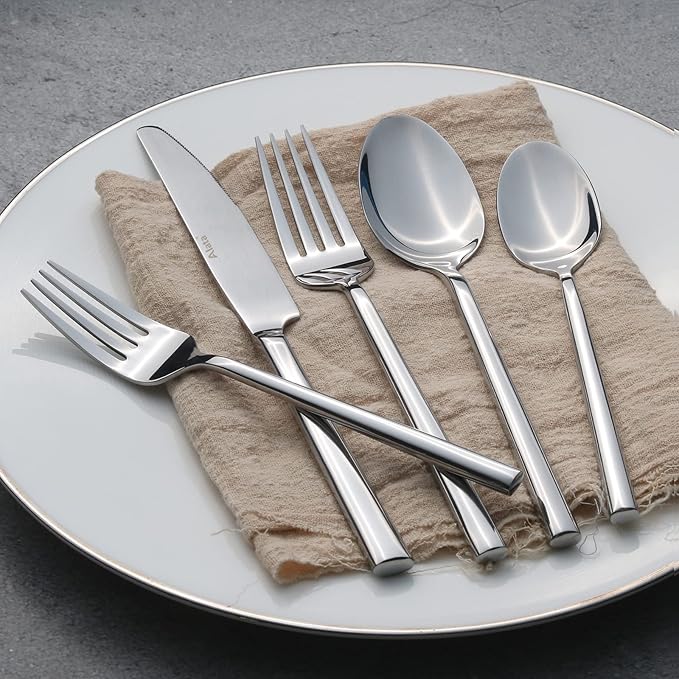 Alata Potter 65-Piece Forged Silverware Set, Service for 12 – Premium Stainless Steel Flatware Set, Modern Design with Satin Finish, Ideal for Home, Kitchen, Party, Camping