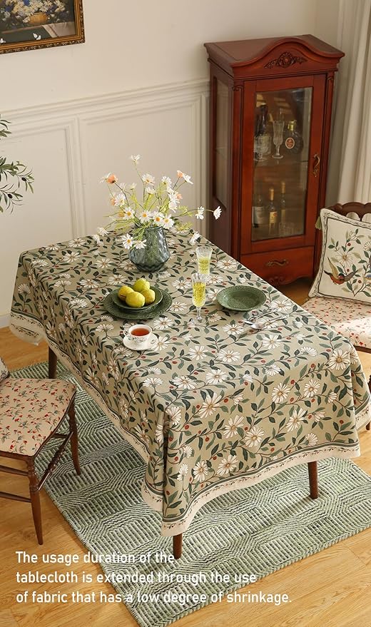 ISAENNE Designer Green Linen Long Rectangle Tablecloth,Floral French Country Indoor Table Cloth,Stain Resistant Home Decor Tablecloths for Dining Kitchen Thanksgiving Party,63"*102"-Brune