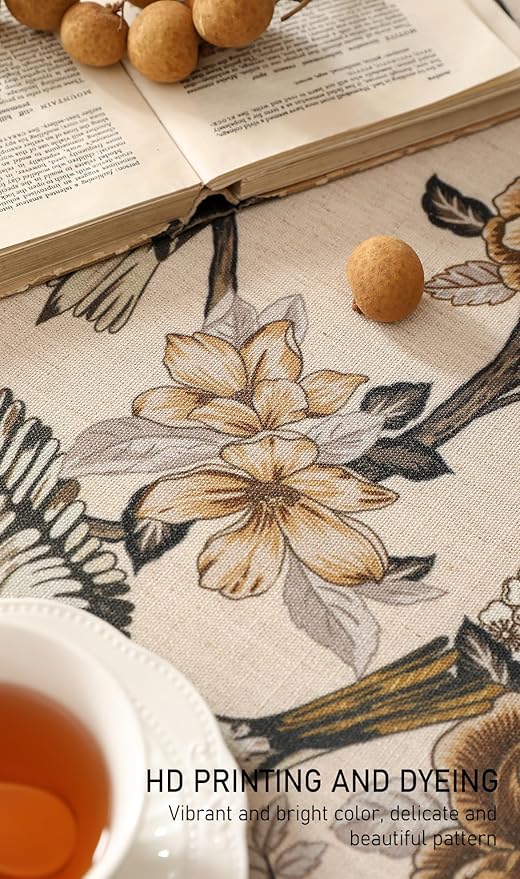 ISAENNE Designer Vintage Linen Long Rectangle Tablecloth,Floral and Bird Pattern Elegant Table Cloth,Fall Wrinkle Resistant Decor Tablecloths for Dining Kitchen Christmas,63"*102"-Murad A