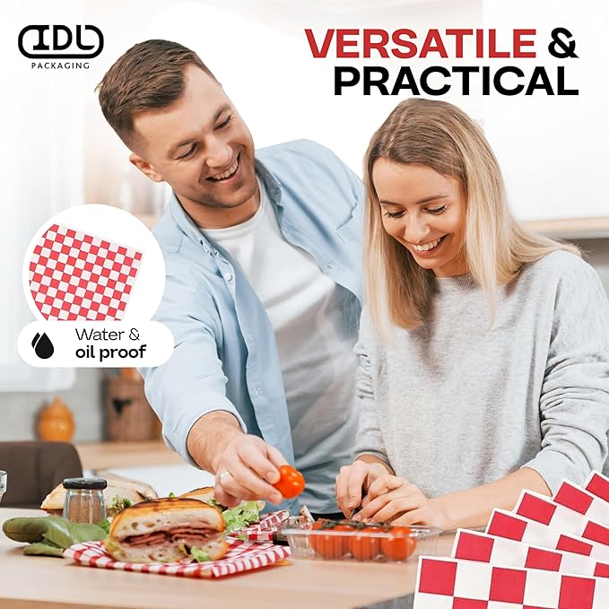 Red Checkered Deli Paper Sheets, 12" x 12" (50 pcs.) - USA-Made Premium Food Basket Liners - PFAS-free Grease Resistant Deli Paper Sheets for Food, Snack & Baking Wrap, Picnic & Party by IDL Packaging