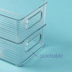 Plastic Food Storage 2 Pack Clear Container Bin with Handles for Organizing Kitchen, Pantry, Refrigerator, Freezer, Pantry, Cabinet, Closet, Bathroom. Stackable 10”x6”x3”