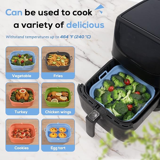 [2 Pack] Silicone Air Fryer Liners Square - Reusable Airfryer Silicone Basket - Easy to Clean Air Fryers Silicone Pot for 5.8 to 8 Qt Large Air Fryer Baking Tray Oven Accessories, 8.5 Inch