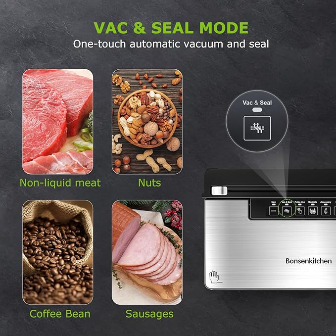 Bonsenkitchen Vacuum Sealer Machine, Stainless Steel Food Sealer Vacuum Sealers with 100 Bags & 1 Roll Bag, 5 Food Vacuum Modes, Built-in Cutter & Bag Storage, Silver-Black