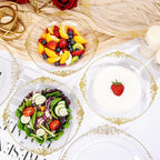100PCS Clear Gold Plastic Bowls - 12 oz Clear Disposable Salad Bowls - Heavy Duty Disposable Soup Bowl - Fancy Plastic Ice Cream Bowl for Weddings, Thanksgiving Parties, Dinners, Picnics,