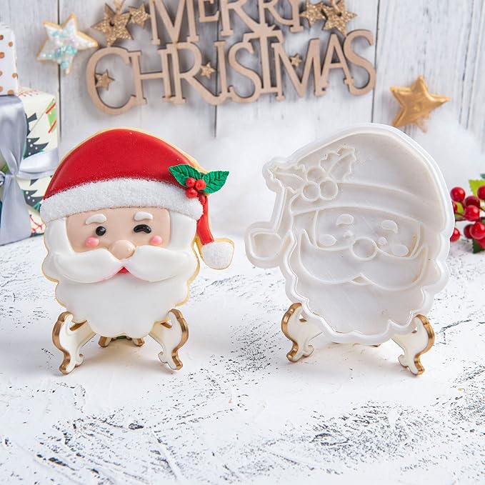 Flycalf Christmas Cookie Cutters Santa Claus Shapes with Plunger Stamps Holiday PLA Baking Accessories Cutter Molds Gifts Decorative Party 3.5" Kitchen Cake Supplies