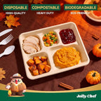 JOLLY CHEF Compostable 5 Compartment Paper Plates 10 * 8.25 * 1 inch 125 Pack Small Disposable Eco-Friendly Biodegradable Food Trays for Primary and Secondary School Students’ Lunch (Brown)