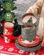 Hasense Christmas Dinnerware Set of 4, Ceramic Plates and Bowls Sets with Mugs, 16 Pieces Chip & Scratch Resistant Party Serving Dishes for Holiday Gift, Microwave and Dishwasher Safe